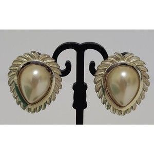 BJI Signed Vintage Light Gold Tone Faux Pearl Post Pierced Earrings